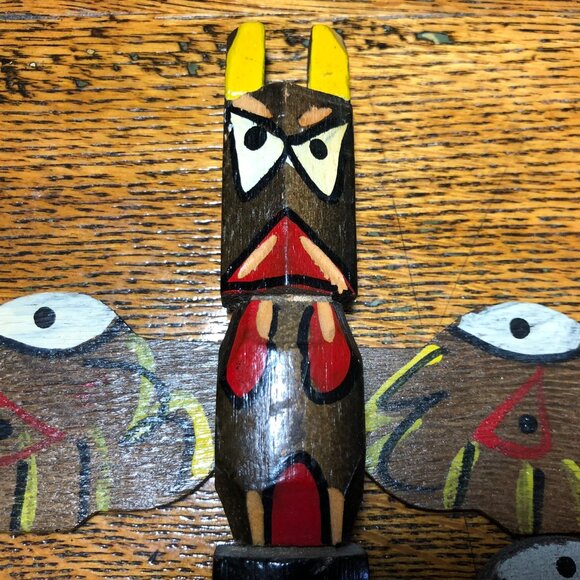 Vintage Carved Wood Native American Totem Pole Lot of 2 - Picture 2 of 8